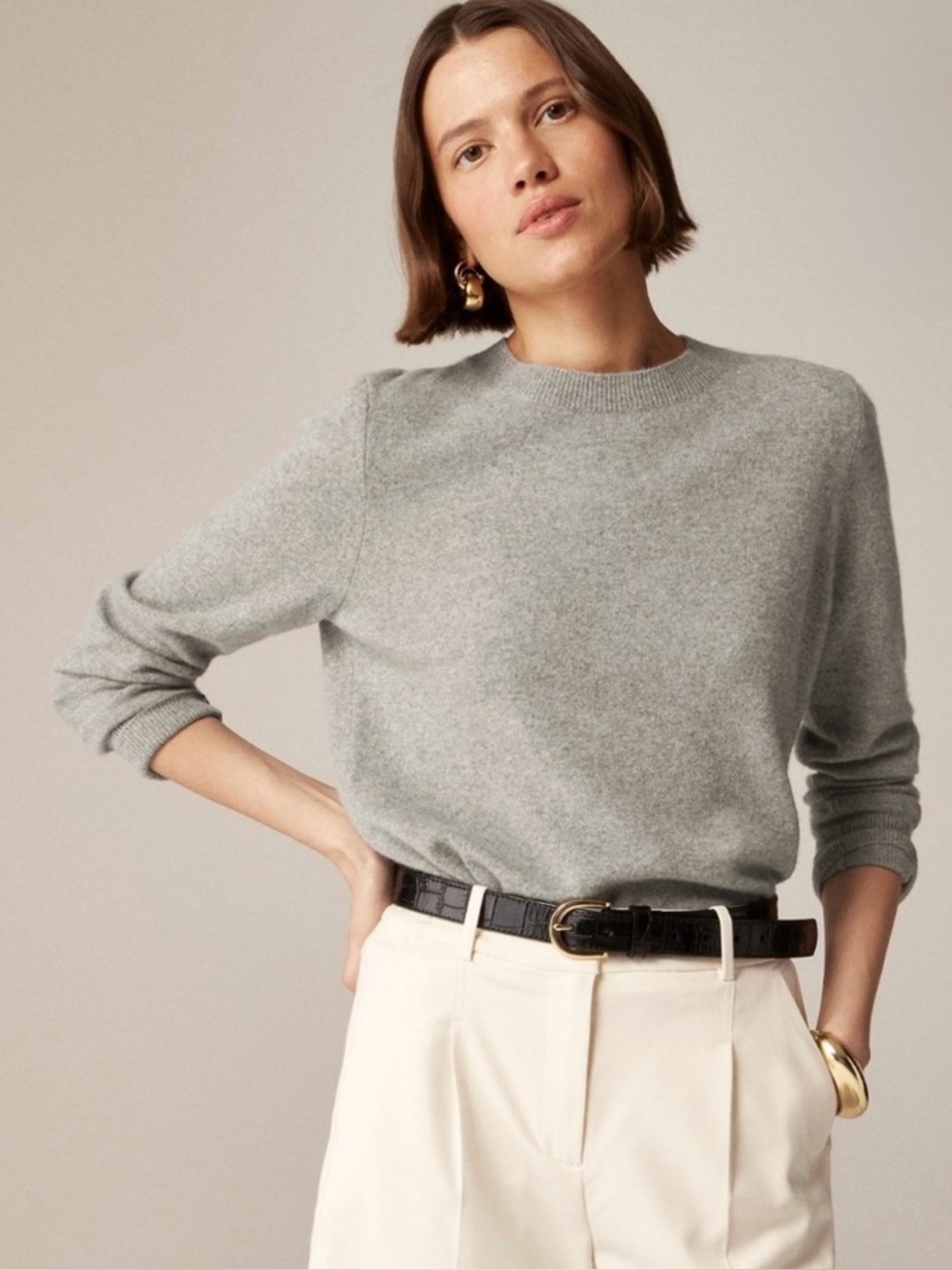 J. Crew Three-quarter Sleeve Everyday Cashmere Crewneck Sweater in Heather Grey